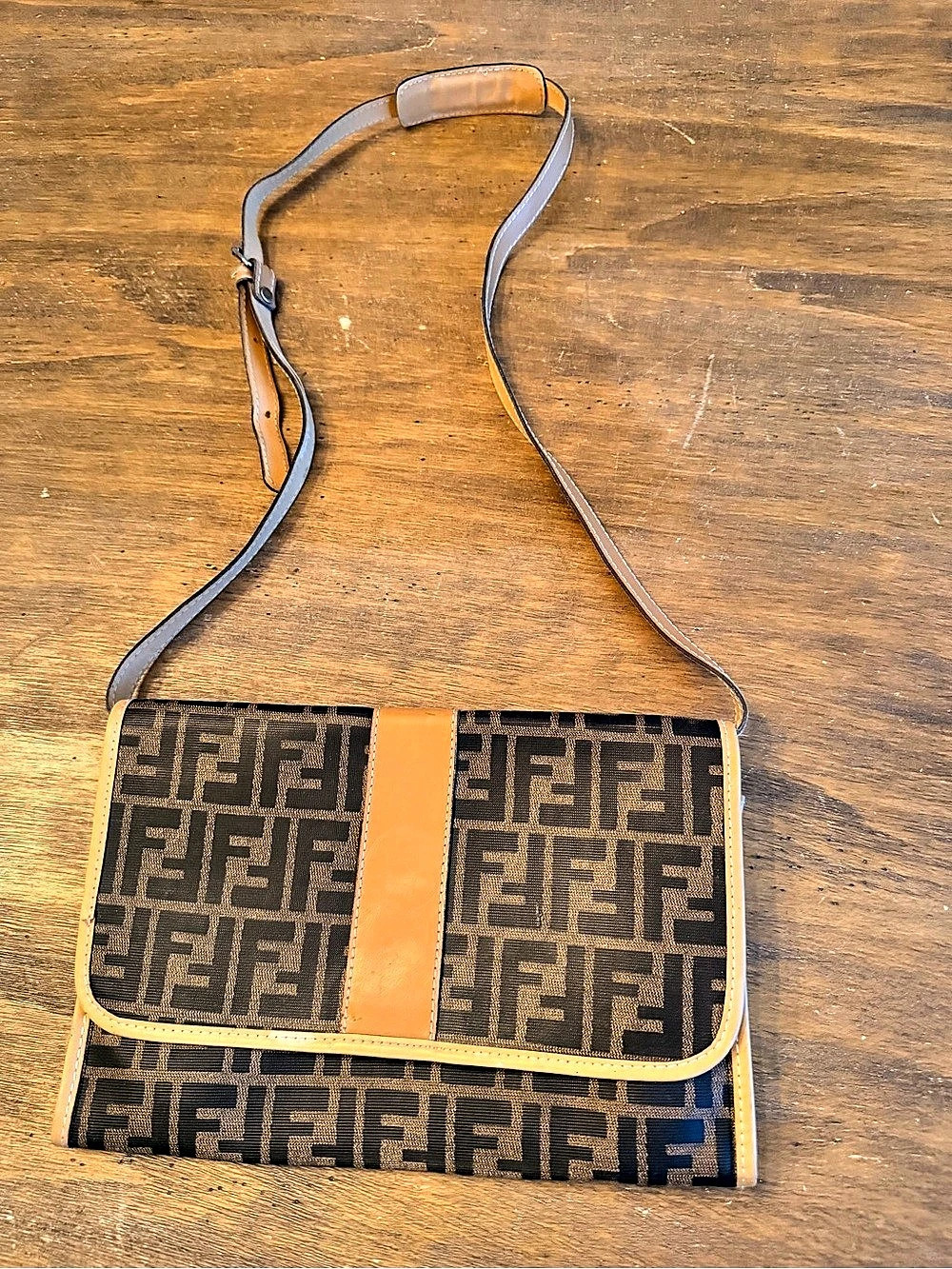 Fendi Vintage Zucca Canvas Flat Crossbody Bag Brown & Black Clutch Convertible